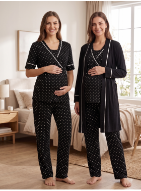 Effortt 2084 Siyah Puantiyeli Emzirme Özellikli Sabahlıklı Hamile Lohusa Pijama Takımı